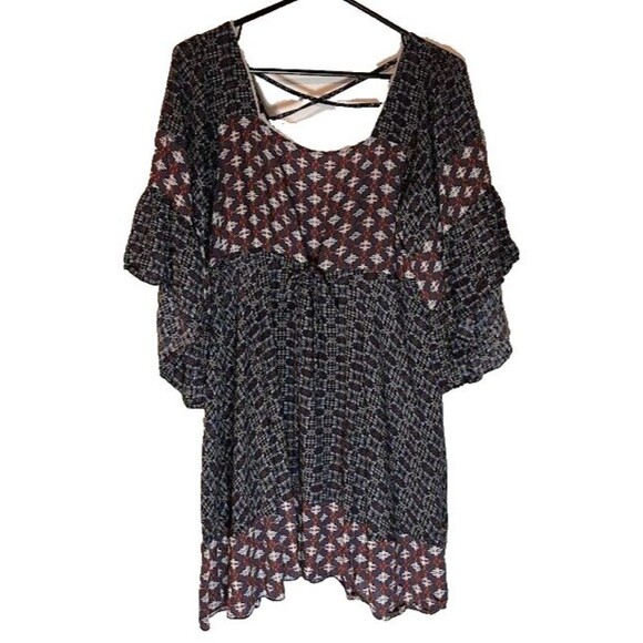 Umgee Tunic Dress M Blue Multi Print Flutter Sleeve Boho Chic Cottagecore Casual - Picture 2 of 6